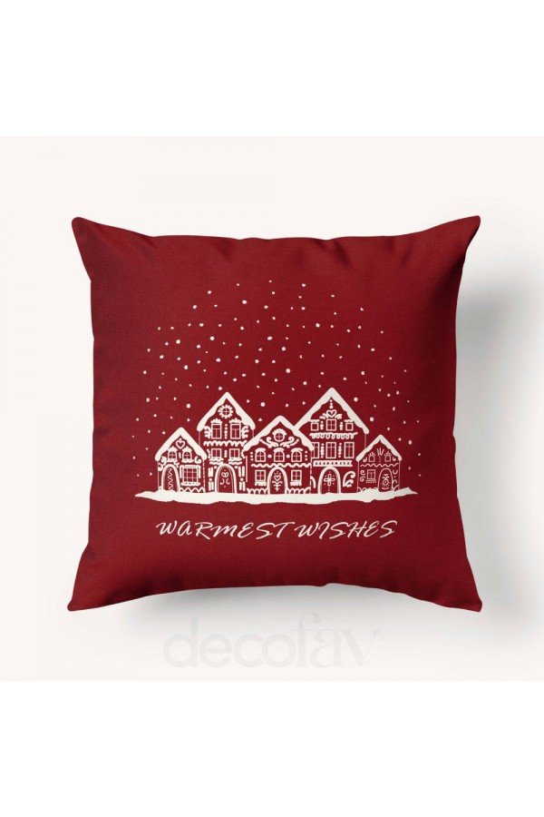 Kırlent Kılıfı Kar Taneleriyle Süslenmiş Ev Desenli Dijital Baskılı - Warmest Wishes Kırlent Kılıfı Kar Taneleriyle Süslenmiş Ev Desenli Dijital Baskılı - Warmest Wishes