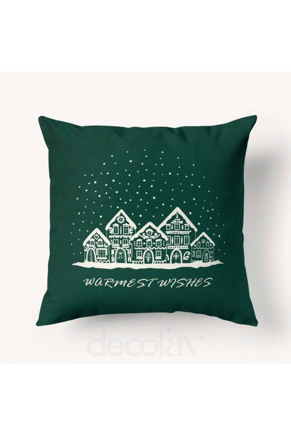 Kırlent Kılıfı Kar Taneleriyle Süslenmiş Ev Desenli Dijital Baskılı - Warmest Wishes Kırlent Kılıfı Kar Taneleriyle Süslenmiş Ev Desenli Dijital Baskılı - Warmest Wishes