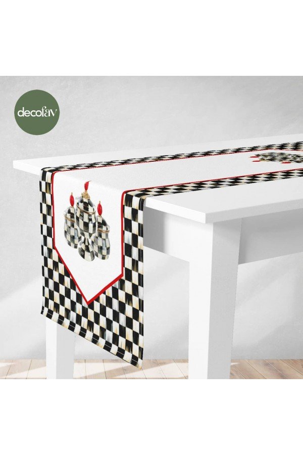 Runner Eskitme Dama Desen Üzerine Kavanoz Desenli Dijital Baskılı Runner Eskitme Dama Desen Üzerine Kavanoz Desenli Dijital Baskılı