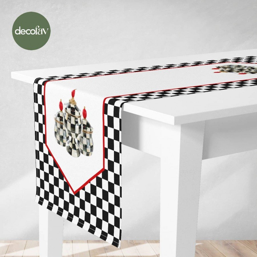 Runner Dama Desen Üzerine Kavanoz Desenli Dijital Baskılı 