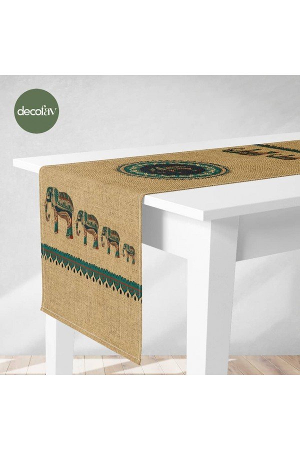 Runner Keten Desen Üzerine Yeşil Etnik Fil Desenli Dijital Baskılı Runner Keten Desen Üzerine Yeşil Etnik Fil Desenli Dijital Baskılı