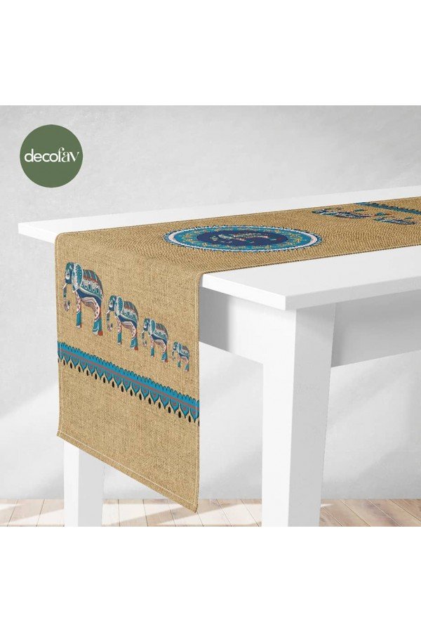 Runner Keten Desen Üzerine Turkuaz Etnik Fil Desenli Dijital Baskılı Runner Keten Desen Üzerine Turkuaz Etnik Fil Desenli Dijital Baskılı