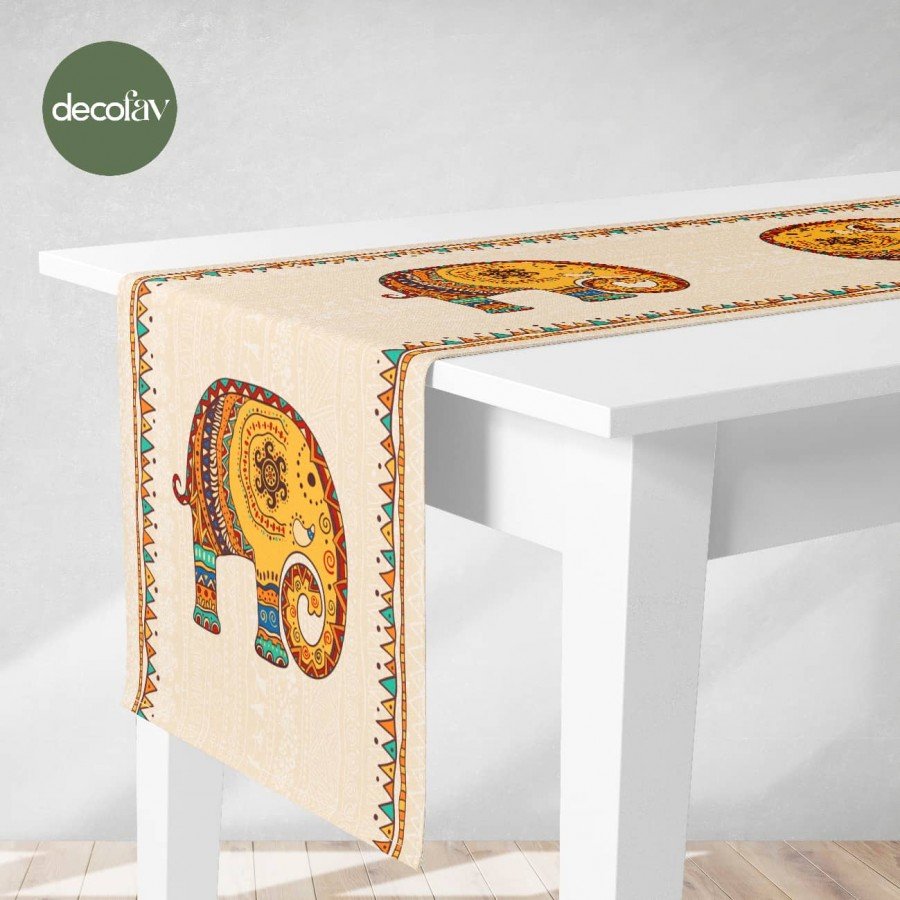 Runner Dekoratif Afrika Desenli Etnik Fil Desenli Dijital Baskılı