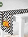 Runner Siyah Beyaz Dama Desen Üzerine Dekoratif Kabak Çiçek Desenli Dijital Baskılı Runner Siyah Beyaz Dama Desen Üzerine Dekoratif Kabak Çiçek Desenli Dijital Baskılı