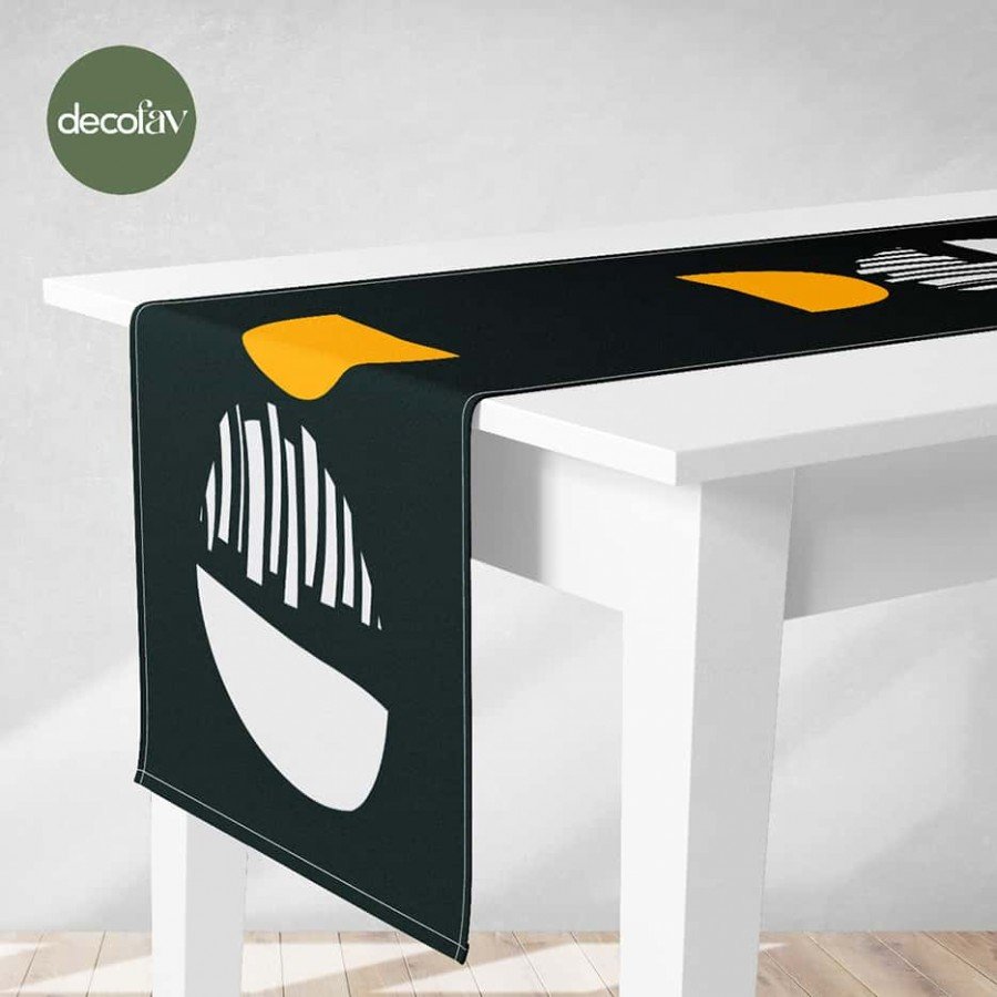 Runner Sarı Beyaz Siyah Modern Soyut Sanat Tasarım Dijital Baskılı