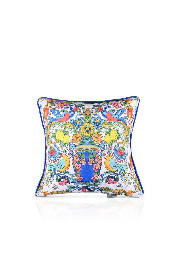 İtalyan Çini Stili Vazo ve Kuşlar Tasarımlı Fitilli Kırlent Kılıfı - 43x43cm İtalyan Çini Stili Vazo ve Kuşlar Tasarımlı Fitilli Kırlent Kılıfı - 43x43cm
