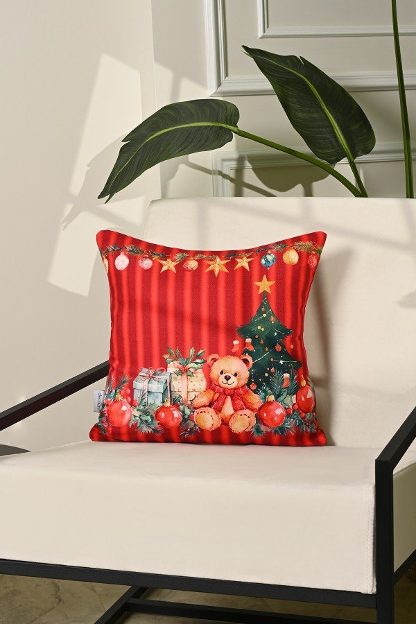 Kırmızı Şeritli Teddy Ayıcık Desenli Yılbaşı Kırlent Kılıfı Kırmızı Şeritli Teddy Ayıcık Desenli Yılbaşı Kırlent Kılıfı