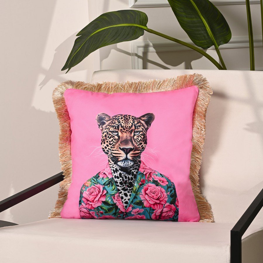 Leopar Desenli Pembe Kadife Saçaklı Dekoratif Kırlent Kılıfı 43x43 cm