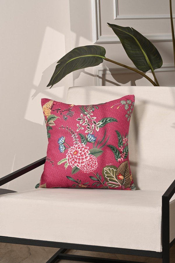 Pembe Zemin Botanik Çiçekler Tasarımlı Kırlent Kılıfı - 43x43 cm, Gizli Fermuarlı