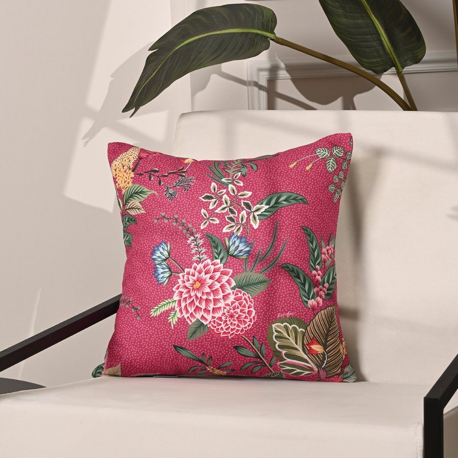 Pembe Zemin Botanik Çiçekler Tasarımlı Kırlent Kılıfı - 43x43 cm, Gizli Fermuarlı