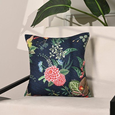 Lacivert Zemin Botanik Çiçekler Tasarımlı Kırlent Kılıfı - 43x43 cm, Gizli Fermuarlı