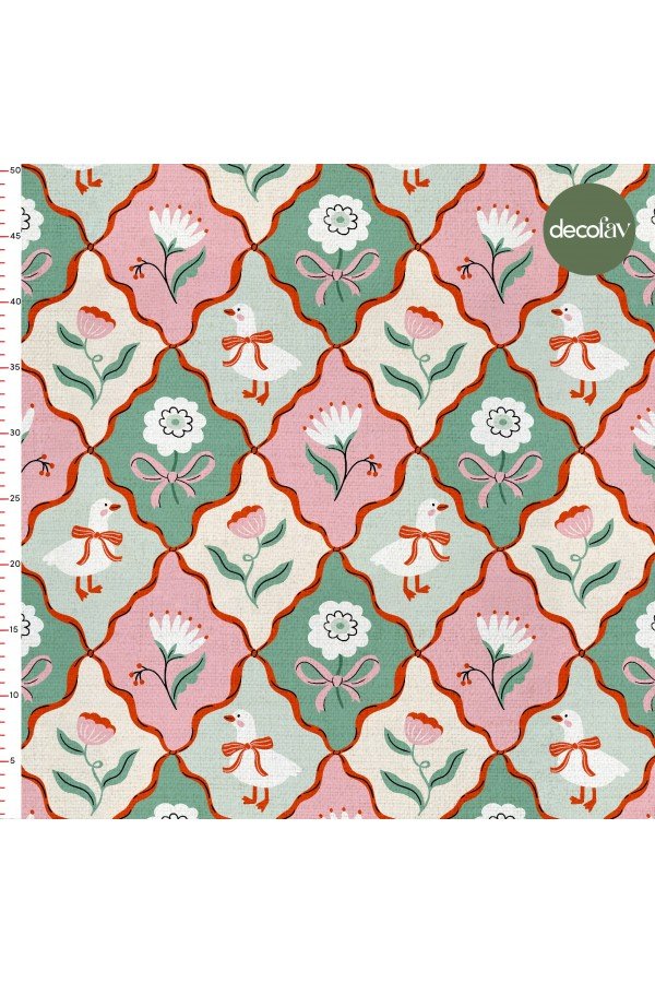 Pintrest Sitili Dekoratif Fiyonk Kaz ve Çiçek Desenli Dijital Baskılı Kumaş
