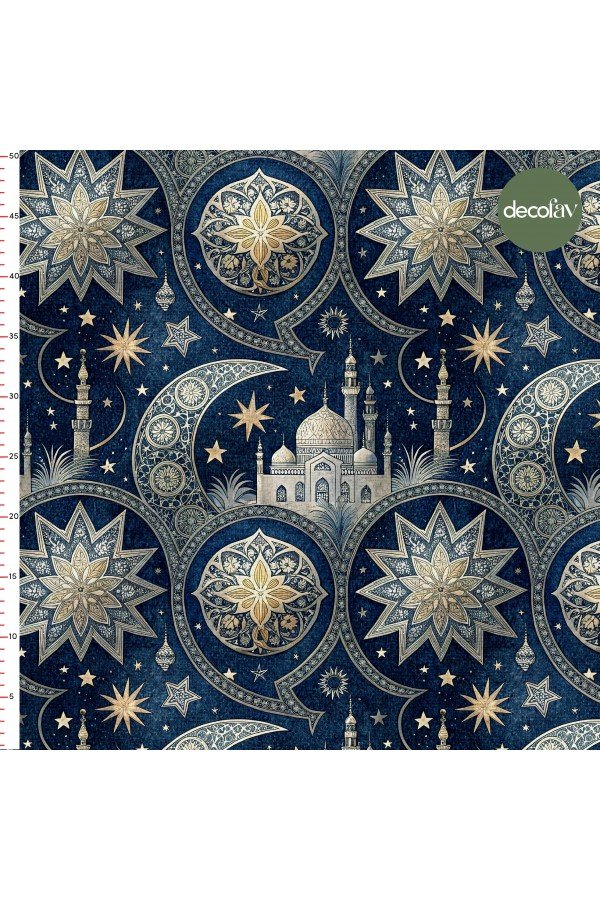 Cami, Hilal ve Yıldız Figürlü Ramazan Temalı Dijital Baskılı Kumaş