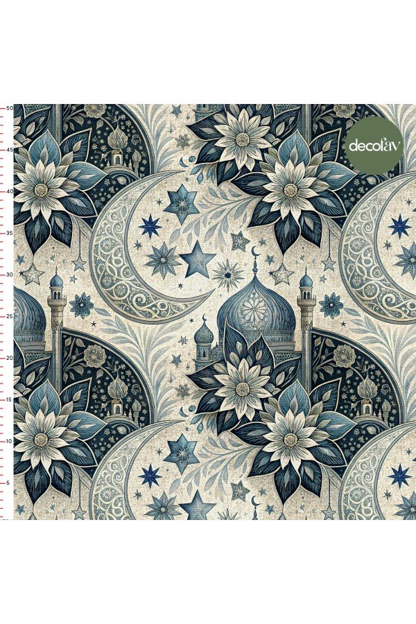 Çiçek, Cami ve Yıldız Figürlü Ramazan Temalı Dijital Baskılı Kumaş