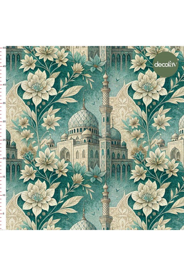 Cami ve Çiçek Motifli Ramazan Temalı Dijital Baskılı Kumaş