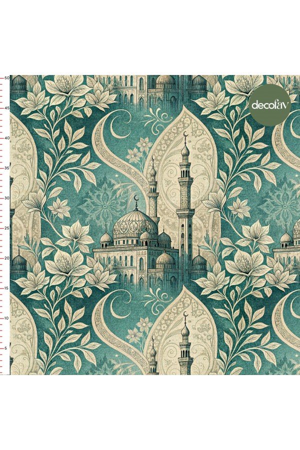 Turkuaz Zemin Cami ve Çiçek Motifli Ramazan Temalı Dijital Baskılı Kumaş