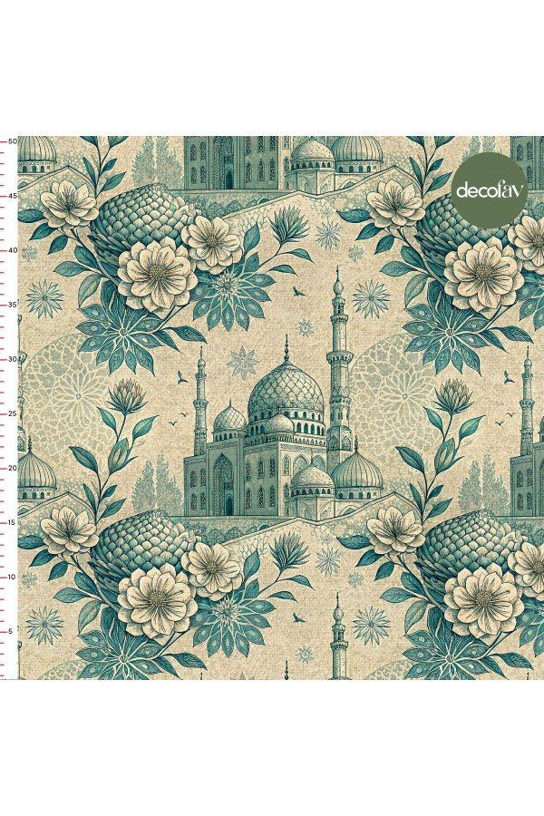 Turkuaz Ve Bej Tonlarında Cami ve Çiçek Motifli Ramazan Temalı Dijital Baskılı Kumaş