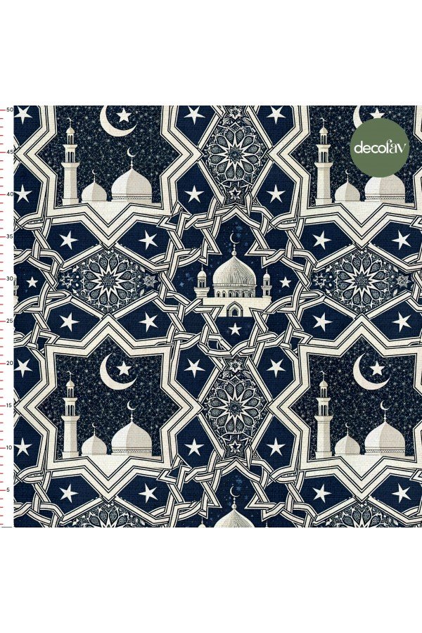 Lacivet Zemin Geometrik İslami Desenli Ramazan Temalı Dijital Baskılı Kumaş